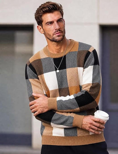 Men's Plaid Crew Neck Knit Sweater Long Sleeve Pullover