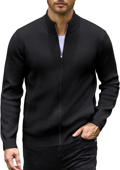 Men's Casual Zip-Up Knitted Cardigan Sweater with Stand Collar
