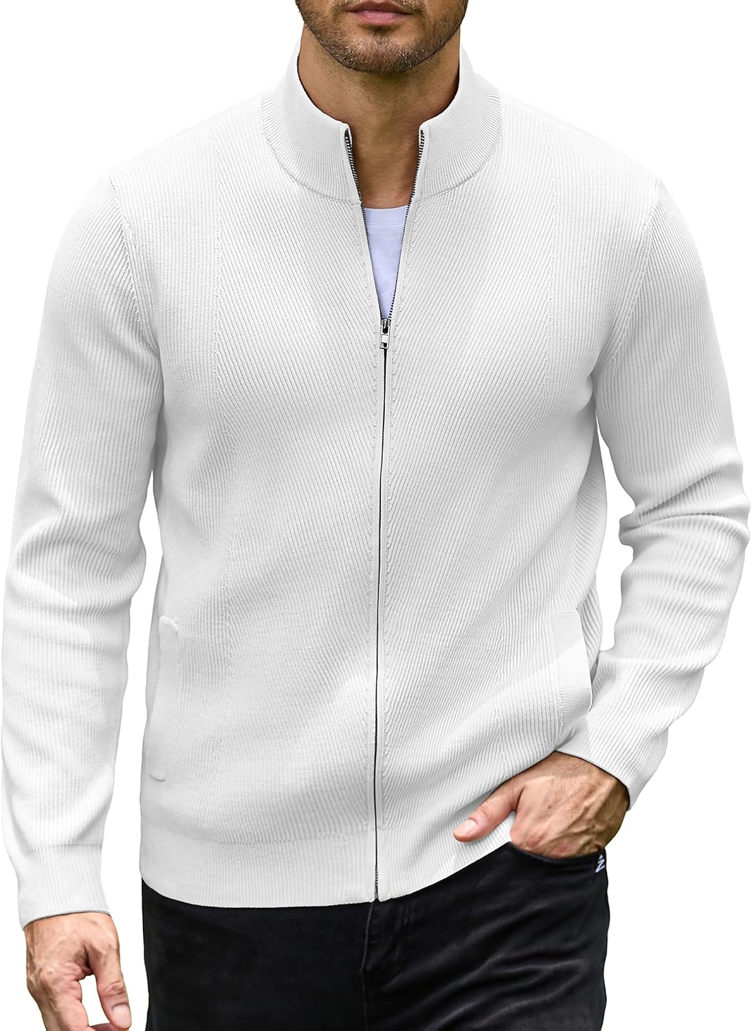 Men's Casual Zip-Up Knitted Cardigan Sweater with Stand Collar