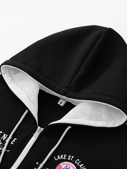 Men's Hooded Letter Print Tracksuit, 2pcs Casual Sports Set, Fashion Hoodie With Full-zip And Elastic-waist Pants, Regular Fit, Outdoor Cloth