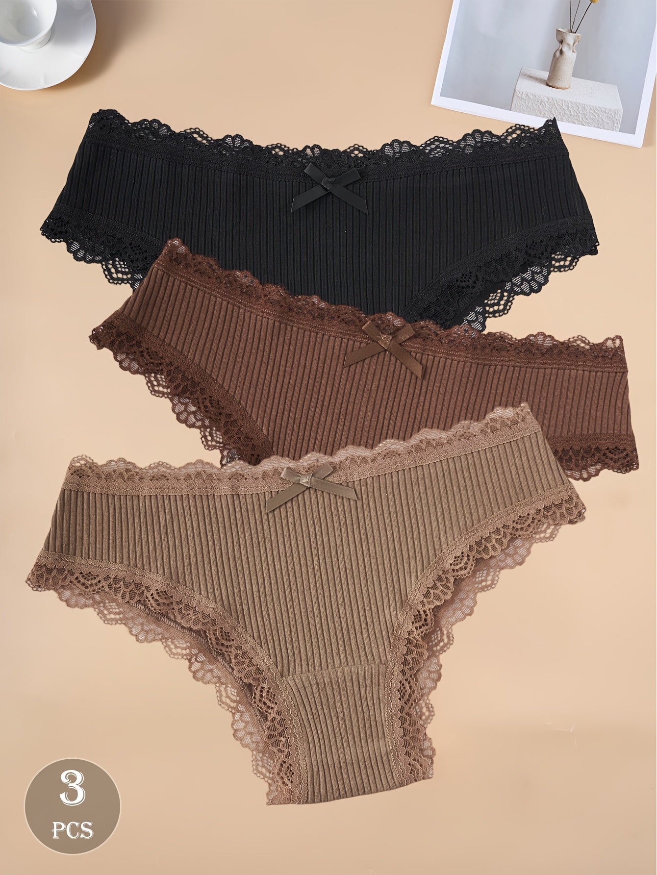 3-Pack Dark Cotton Women's Briefs with Lace Trim and Bow