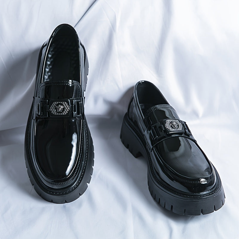 Men'S Black Soft Patent Platform Chunky Heel Loafers Fashion Tassel Business Casual Formal Work Shoes Non-Slip Lug Sole Slip-On Penny Loafers