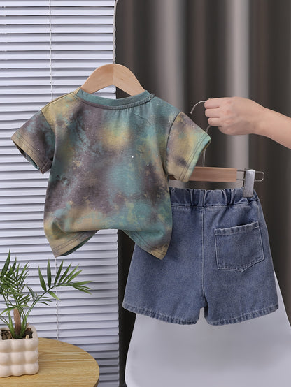 Boys' Tie-Dye Alphabet Print Crew Neck Tee & Denim Shorts Set