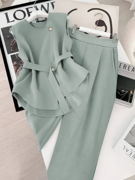 Women's Fashionable Set in Solid Color Top with Straight-Leg Pants, 2pcs Set for Elegant Style