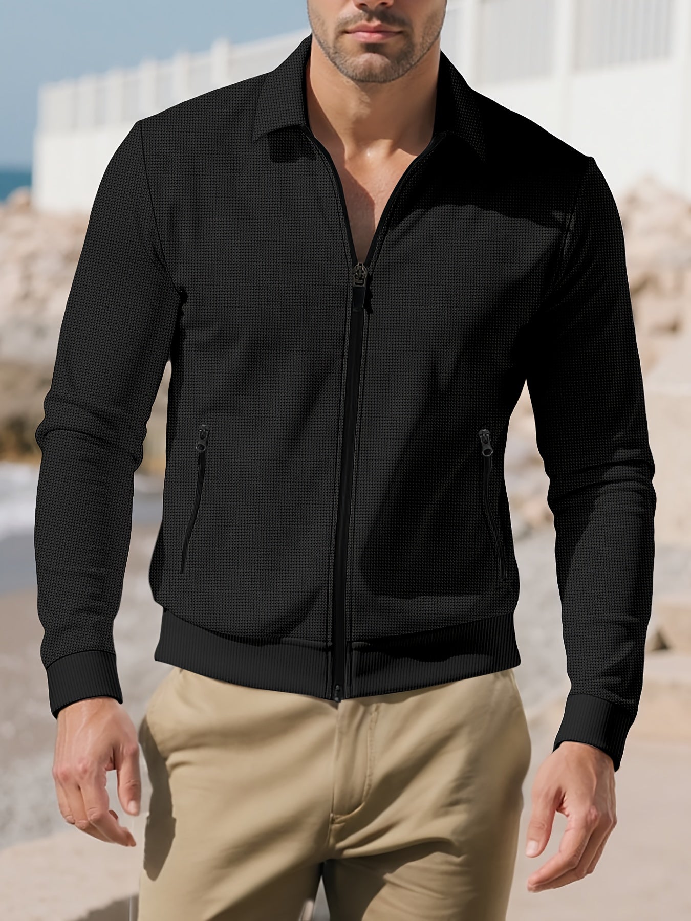 Men'S Lightweight Waffle-Knit Zip-Up Jacket - Casual Long Sleeve with Pockets, Loose Fit for Spring & Fall, Gray, Perfect for Outdoor Activities, Running, and Evening Outings, Spring Fall Clothing | Waffle Texture | Durable C