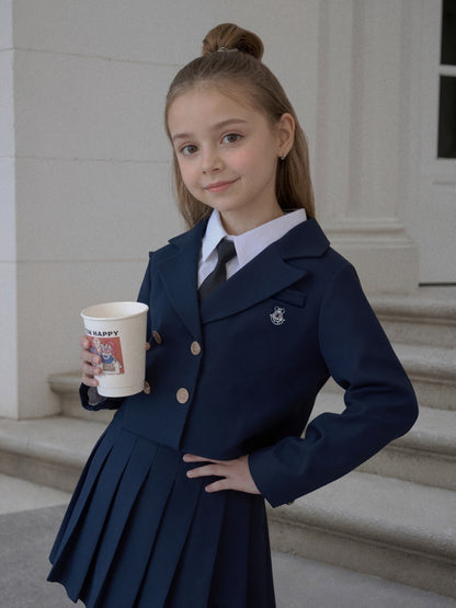 Girls' Preppy Blazer and Pleated Skirt Set for Spring/Fall