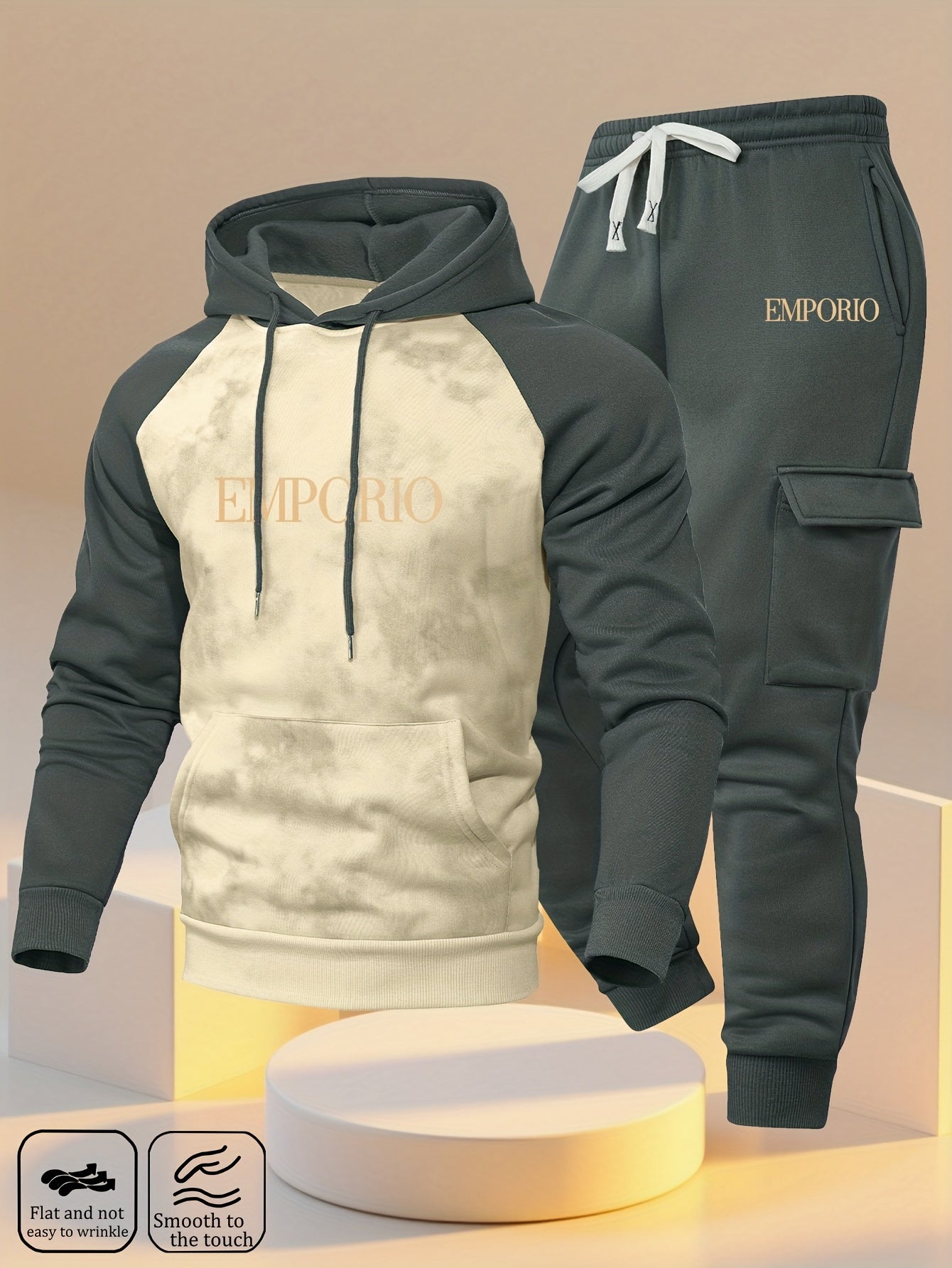 New Trendy Fashion Raglan Sleeve Colorblock Hoodie and Loose Cuffed Drawstring Cargo Pants with Multiple Pockets, Casual Daily Comfortable Versatile Breathable Hooded Sweatshirt and Loose Long Pants 2pcs Set with Stylish Prin