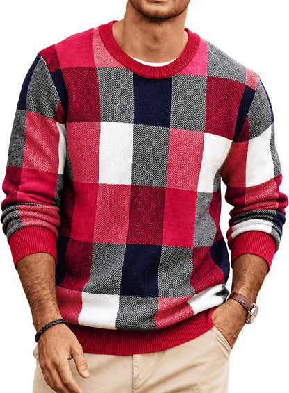 Men's Plaid Crew Neck Knit Sweater Long Sleeve Pullover