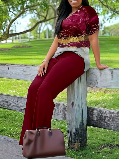 Xi Jun Bamboo Premium Casual Elegant V-Neck Printed Short Sleeve T-Shirt and Pants Two-Piece Set