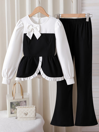 Girls' White Long-Sleeve Bow Shirt & Black Slim Flared Trousers