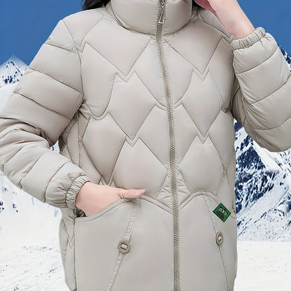 Plus Size - Women'S Stylish Red Quilted Jacket - Long Sleeve, Zip-Up Winter Coat with Pockets, Casual Polyester Outerwear for Cold Weather, Winter Jacket