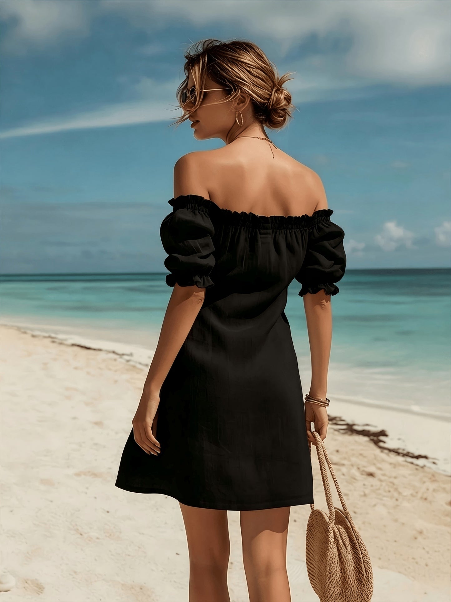 Women's Linen Off-Shoulder Ruffle Hem Mini Dress for Spring
