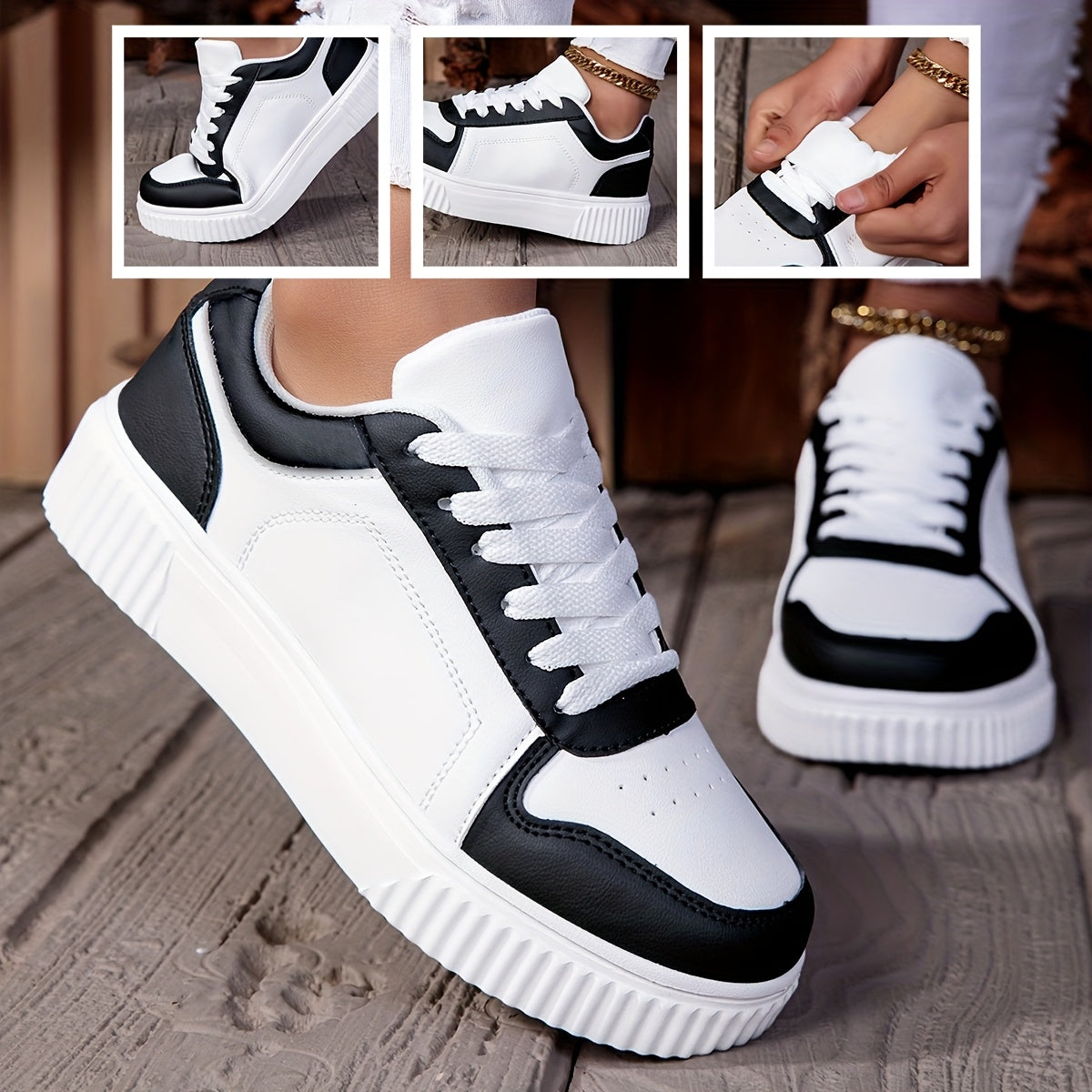 Women’s Casual Dual-Tone Low-Top Sneakers with Lace-Up Closure