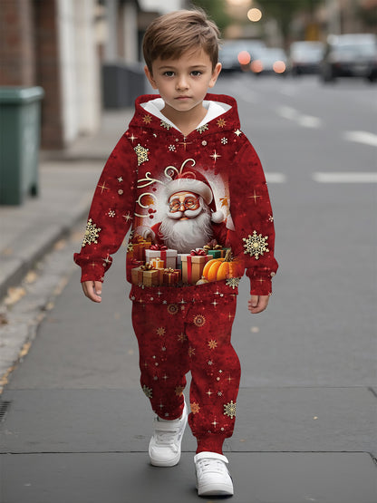 2pcs Boys' Santa Claus & Gifts Print Hooded Sweatsuit Set - Warm Winter Outfit with Matching  & Sweatpants, Cozy Christmas Outwear for Boys, Machine Washable Clothing Gift (Autumn/Winter), Perfect for Outdoor