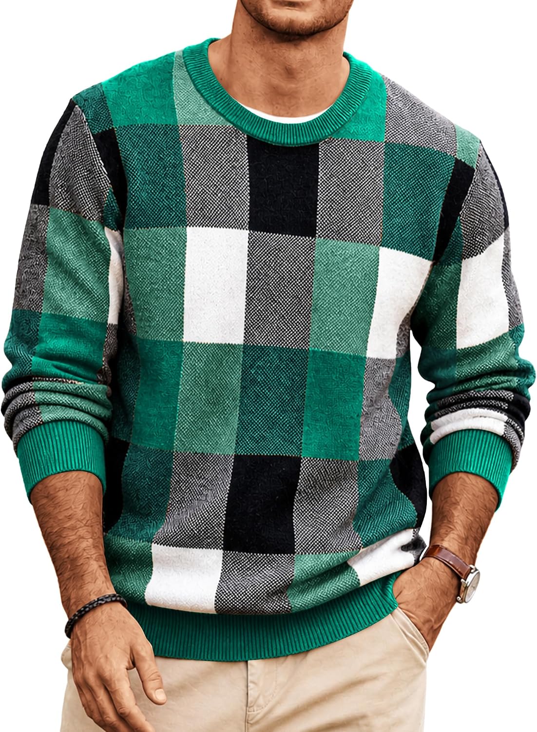 Men's Plaid Crew Neck Knit Sweater Long Sleeve Pullover