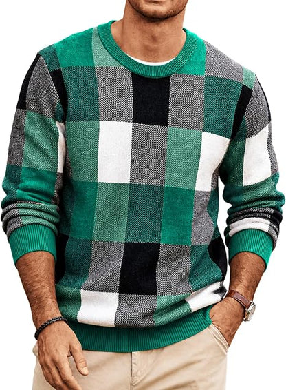 Men's Plaid Crew Neck Knit Sweater Long Sleeve Pullover