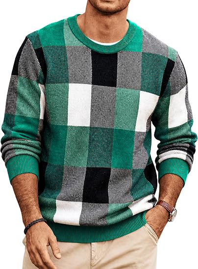 Men's Plaid Crew Neck Knit Sweater Long Sleeve Pullover