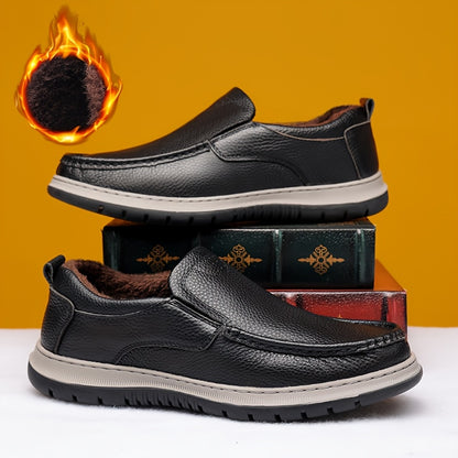 Men's Winter Warm Cowhide Boots - -Weather Traction Rubber Sole & Soft Fabric, Low-Top Short Boots Suitable for Daily Wear, Parties, - Fit for Fall/Winter (Boots Can Be Dressed up or)