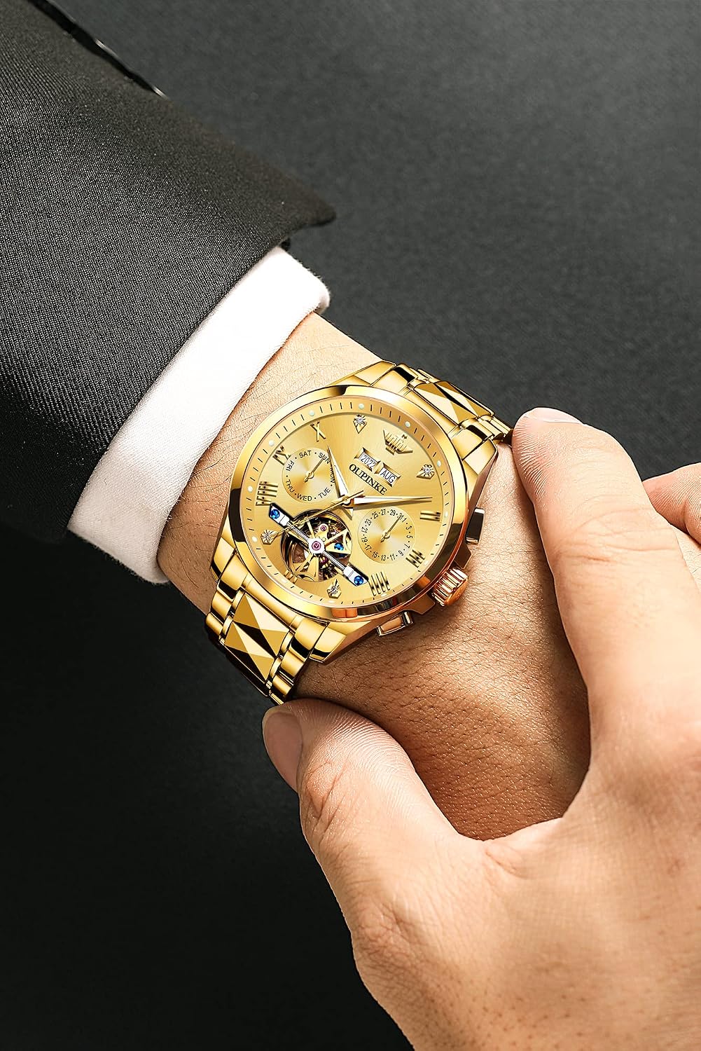 OUPINKE Gold Automatic Men's Dress Watch with Sapphire Crystal