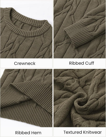 Men's Cable Knit Crewneck Sweater Pullover Long Sleeve