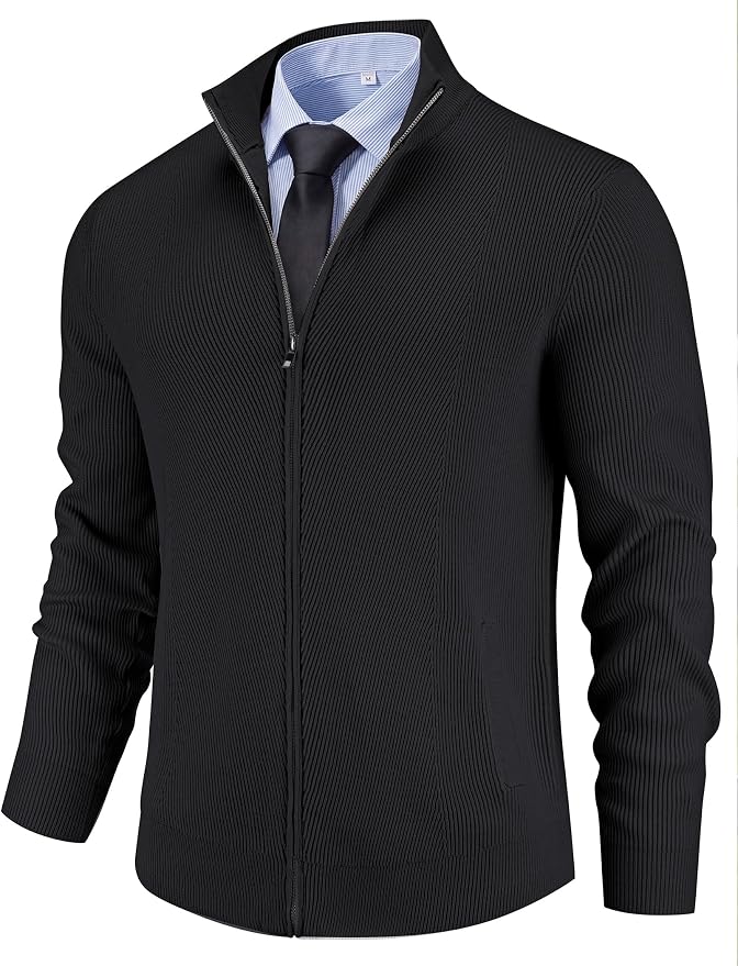 Men's Casual Zip-Up Knitted Cardigan Sweater with Stand Collar