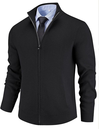 Men's Casual Zip-Up Knitted Cardigan Sweater with Stand Collar