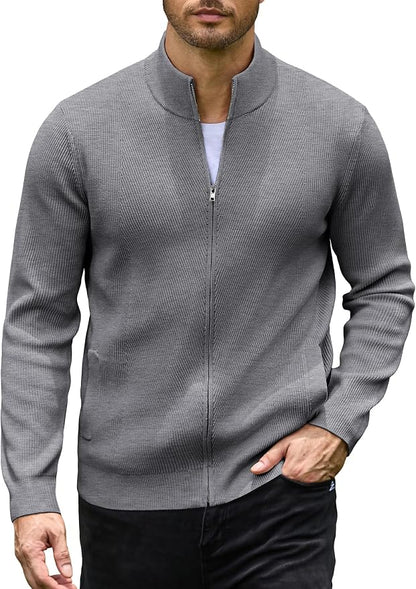Men's Casual Zip-Up Knitted Cardigan Sweater with Stand Collar