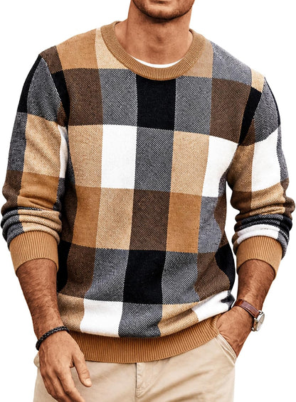 Men's Plaid Crew Neck Knit Sweater Long Sleeve Pullover