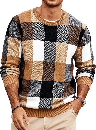 Men's Plaid Crew Neck Knit Sweater Long Sleeve Pullover