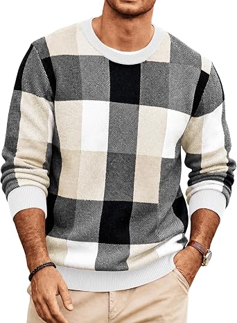 Men's Plaid Crew Neck Knit Sweater Long Sleeve Pullover