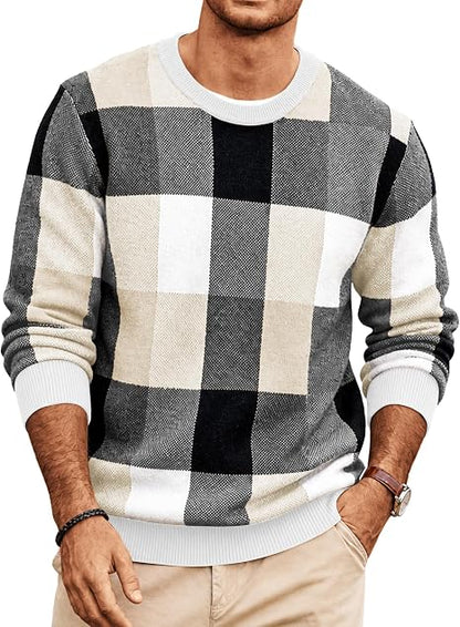 Men's Plaid Crew Neck Knit Sweater Long Sleeve Pullover