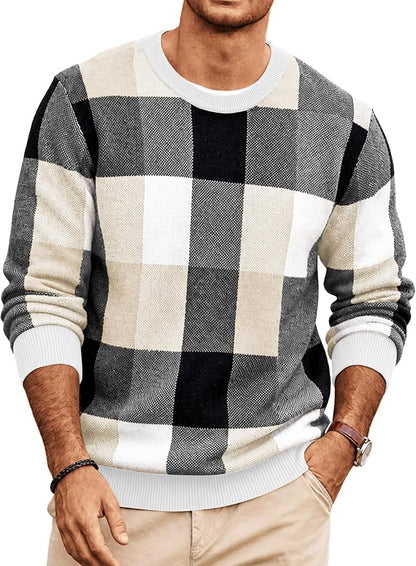 Men's Plaid Crew Neck Knit Sweater Long Sleeve Pullover