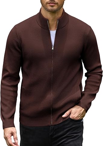 Men's Casual Zip-Up Knitted Cardigan Sweater with Stand Collar