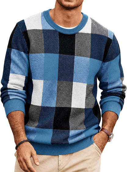 Men's Plaid Crew Neck Knit Sweater Long Sleeve Pullover