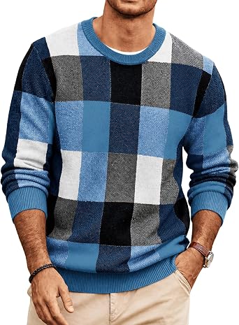 Men's Plaid Crew Neck Knit Sweater Long Sleeve Pullover