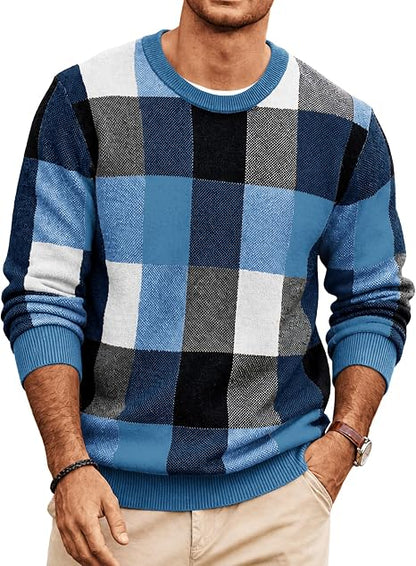 Men's Plaid Crew Neck Knit Sweater Long Sleeve Pullover