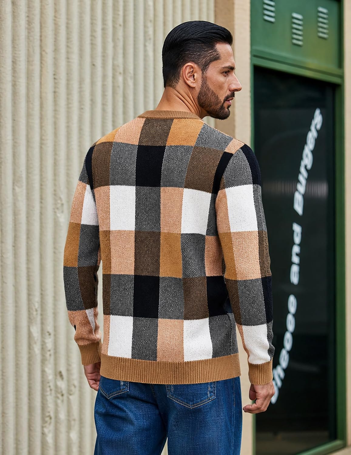 Men's Plaid Crew Neck Knit Sweater Long Sleeve Pullover