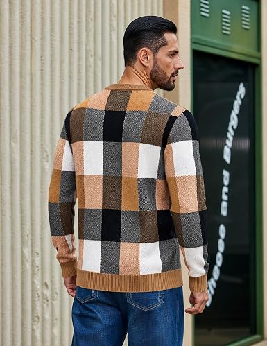 Men's Plaid Crew Neck Knit Sweater Long Sleeve Pullover