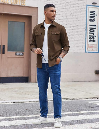 Men's Long Sleeve Button-Up Shirt Jacket with Flap Pockets
