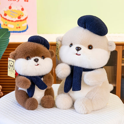 Cute Beret Beaver Plush Toy | Soft Stuffed Animal Doll with Scarf, Adorable Beaver Plushie Birthday Gift for Girls and Children, Polyester Fiber, and Dark Brown