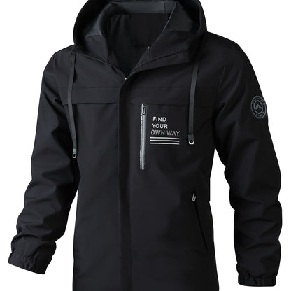 Men'S Stylish Black Hooded Windbreaker Jacket with Zipper Pockets - Casual, Loose Fit, Long Sleeve, Polyester Lining, Perfect for Spring and Fall, Casual Wear Jacket|Hooded Jacket|Zippered Jacke
