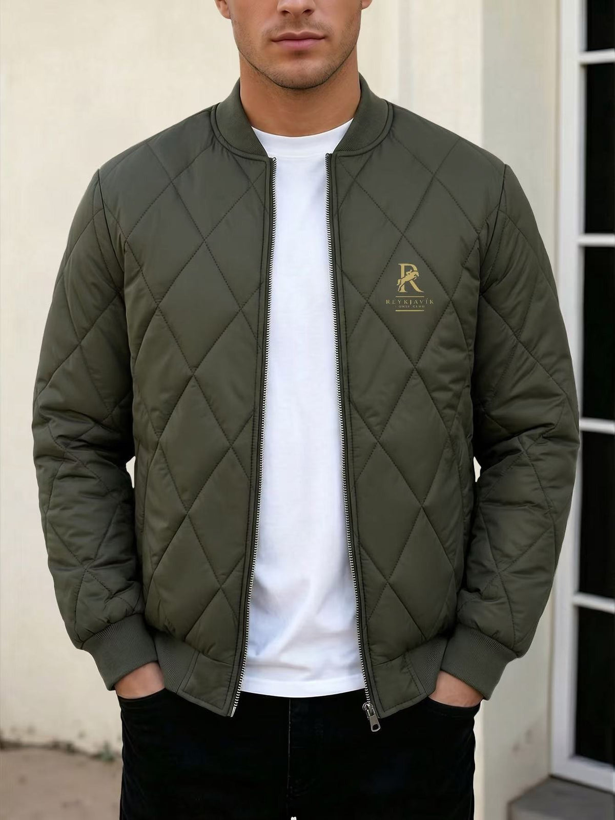 Men's Black Quilted Casual Jacket with Stylish Letter Print