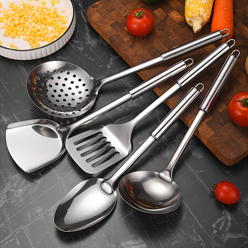 Stainless Steel Cookware Set - Kitchen Utensil Set, Durable Cooking Tools and Gadgets Set, with Spatula, Soup Ladle, Strainer Spoon, Turner, Rice Spoon, for Food Contact, No Electricity Required