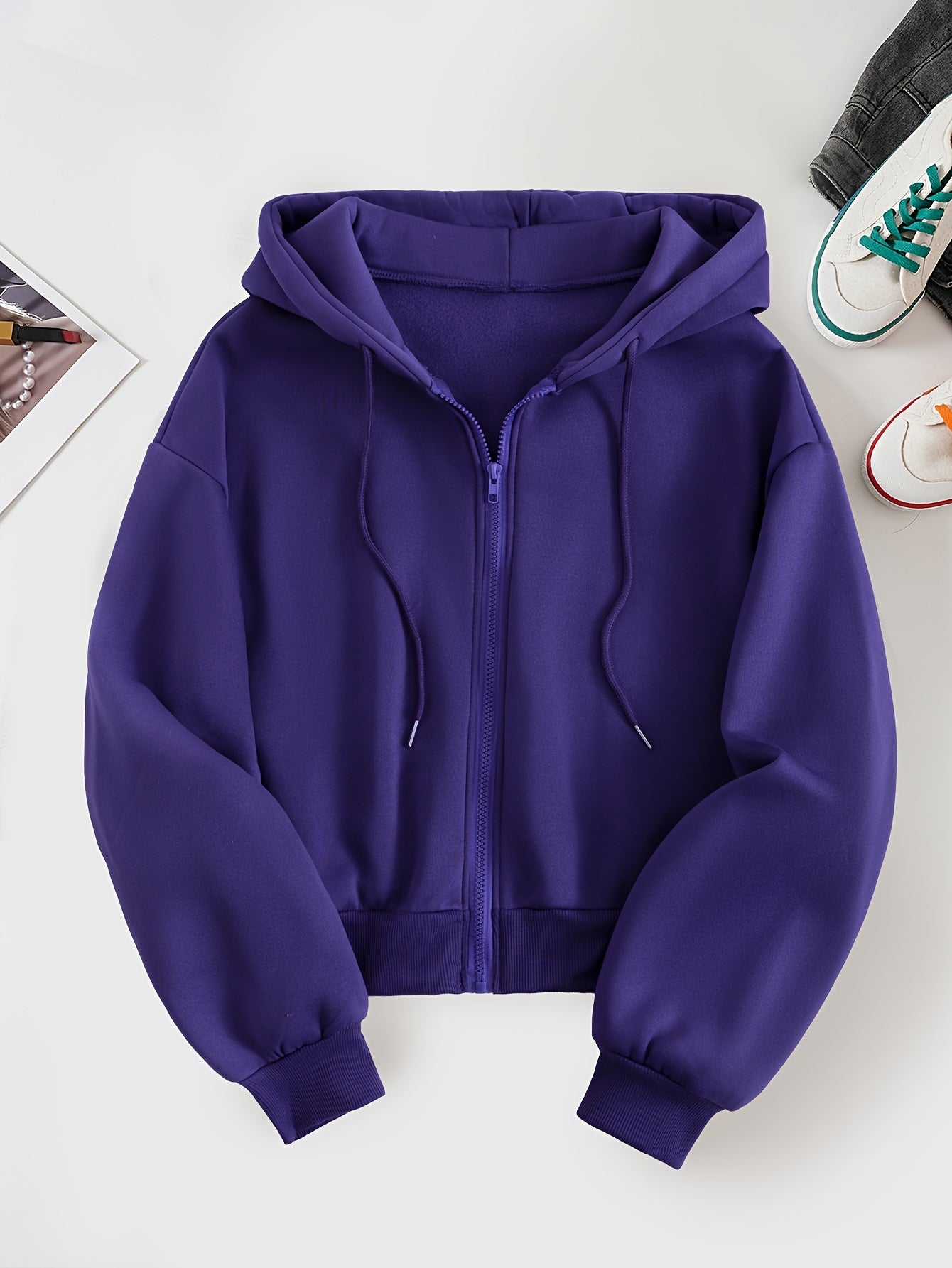 Women's Casual Short Hoodie Jacket with Zipper and Geometric Print