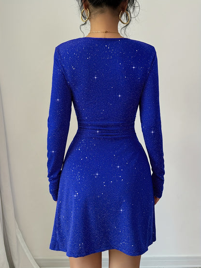 Women's Elegant Red Sparkling A-Line Dress with Waist - Long Sleeve Short Party Dress for Fall, Wrinkle-Resistant Fabric & Round Neck, Hand Washable Formal Evening Outfits for Women (Casual to Special Occasions), Stylish Dres