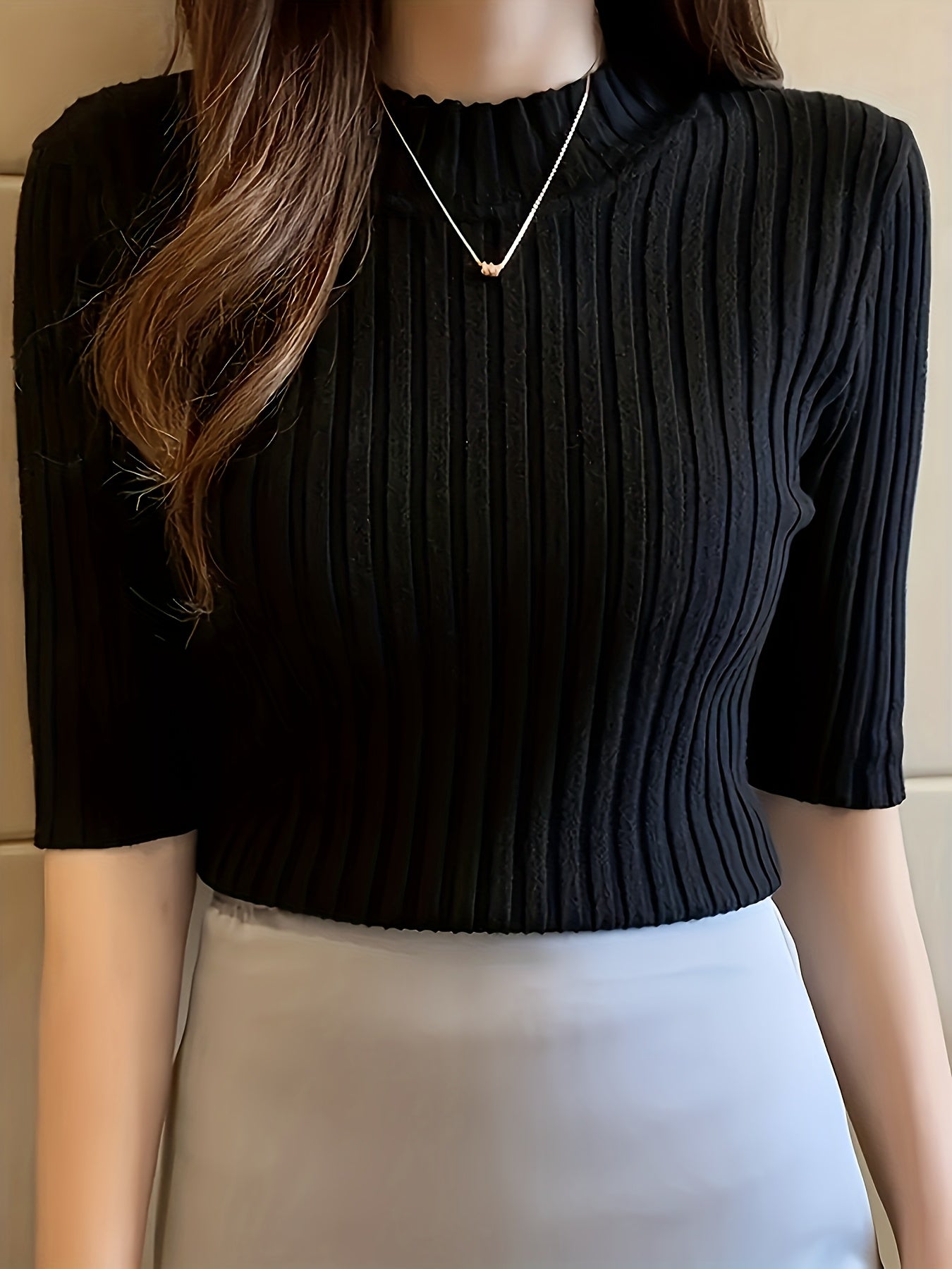 Women's Elegant Solid Color Ribbed Pullover Top - Short Sleeve Regular Fit Machine-Washable All-Season Versatile Blouse for Casual & Formal Wear