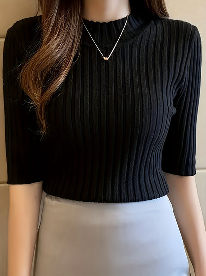 Women's Elegant Solid Color Ribbed Pullover Top - Short Sleeve Regular Fit Machine-Washable All-Season Versatile Blouse for Casual & Formal Wear