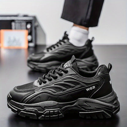 Men's Sneakers - Lightweight Cushioned Platform Sneakers with Non-Slip PVC Outsole, Breathable Low-Top design for Gym, Running, Casual - All-Season Everyday  Formal Shoes - Black, Sleek Shoe Design, Fabric Lined Interior