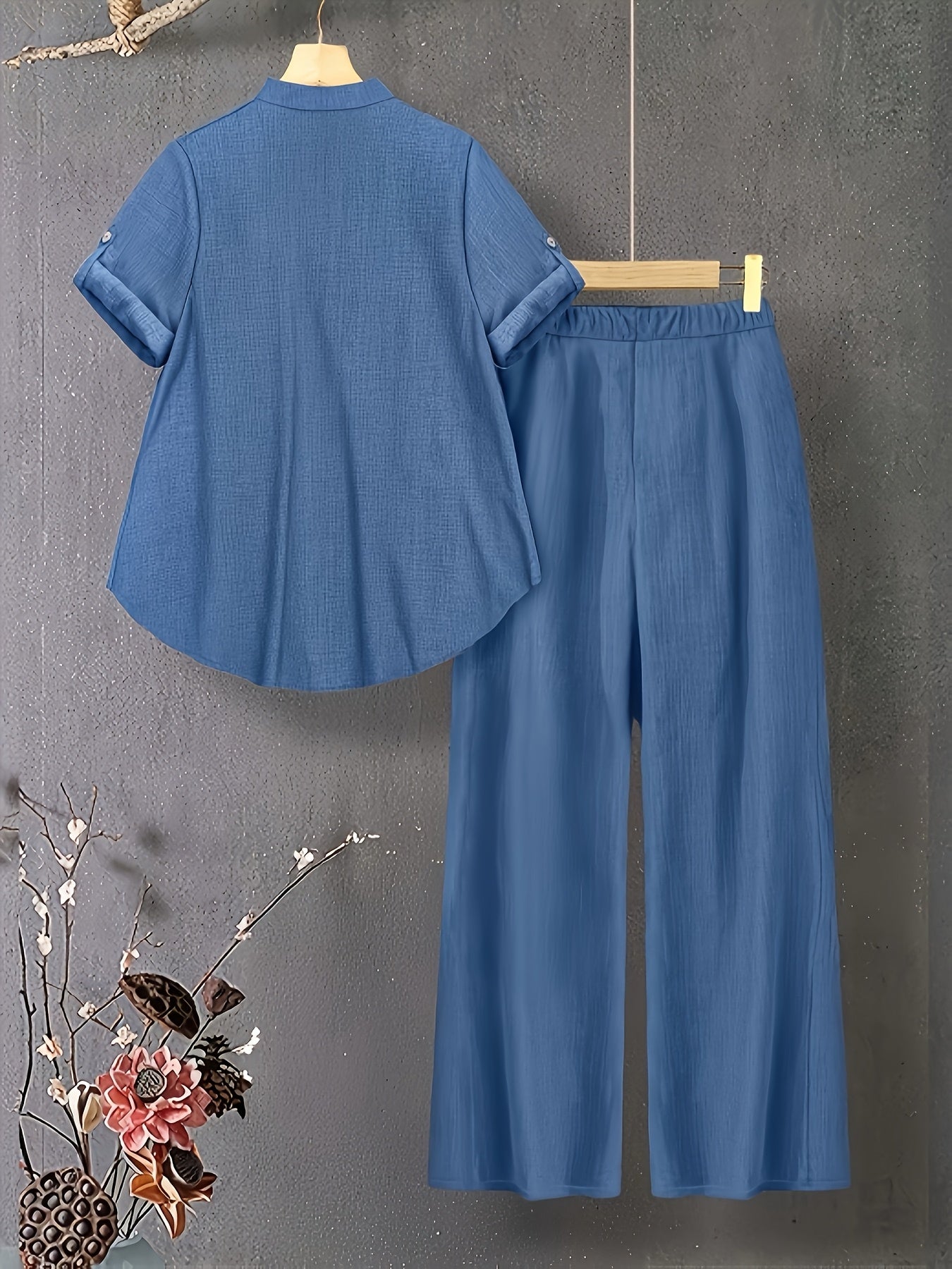Women's Casual V-Neck Top & Elastic Waist Pants Set