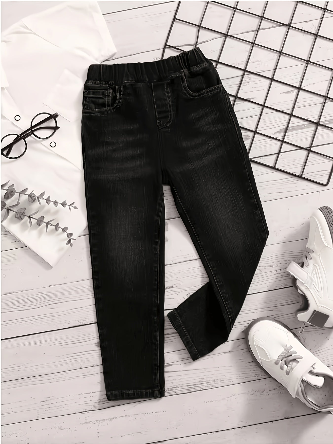 Boys' Black Denim Casual Pants with Large Pockets, All-Season